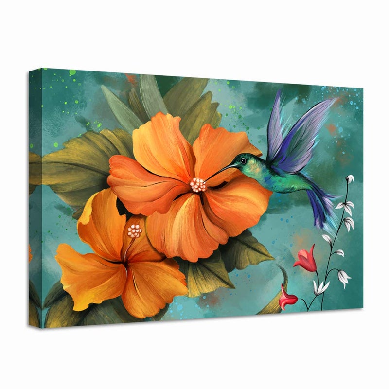 LevvArts Burn Orange and Teal Wall Art Decor Hummingbird Painting Prints Hawaii Hibiscus Flower Canvas Picture Vintage Living Room Bedroom Decorations 24x36 - Image 1